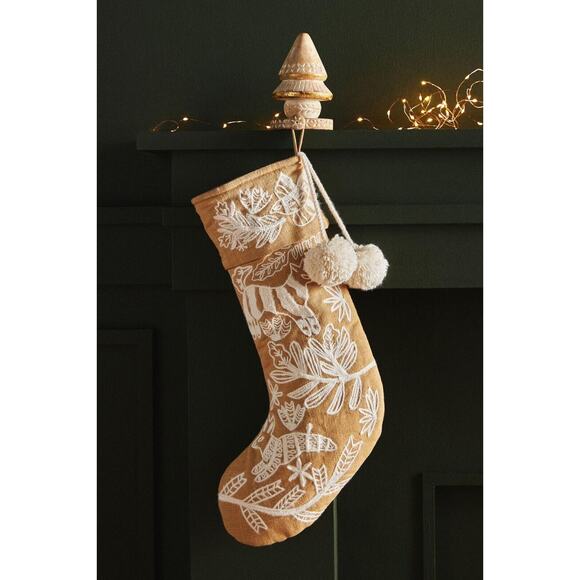 New Anthropologie Forage Pom Pom Stocking Embroidered Tan White - Picture 1 of 7
